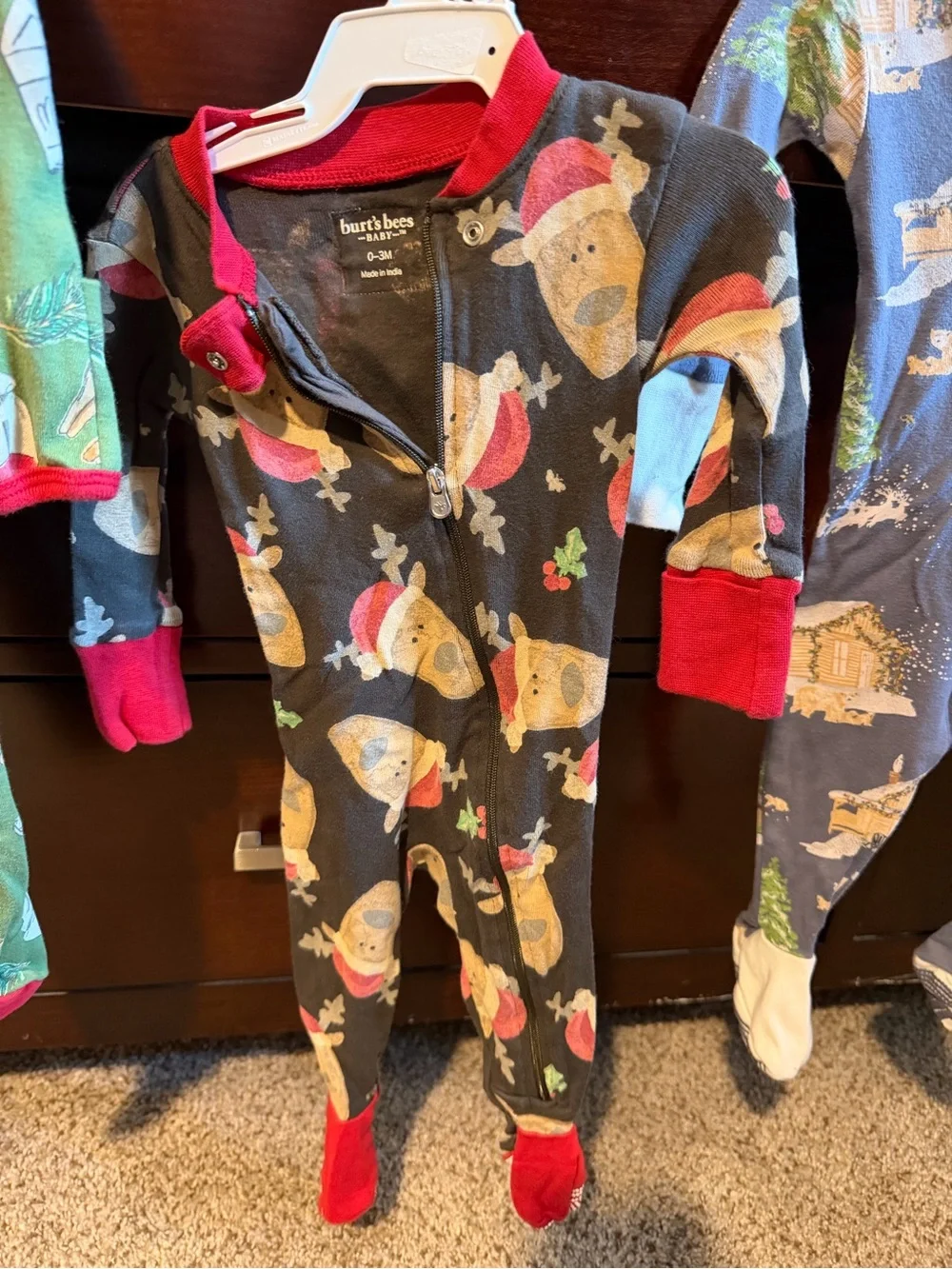 Burt's Bees Baby Charcoal Reindeer Zip Footie with Red Trim